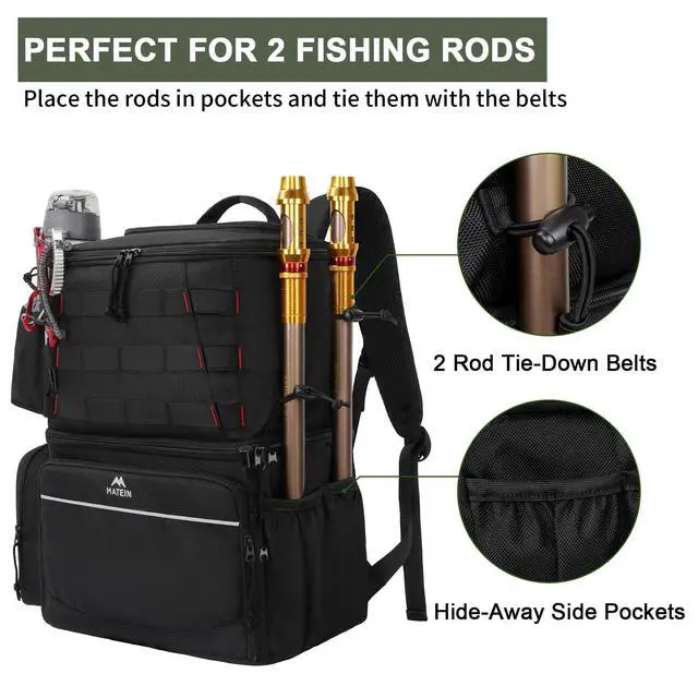 Alt view image 4 of 7 - Fishing Backpack, Tackle Storage Bag with Rod Holders & Cooler | Water Resistant Fishing Bag Fits 4 3600 Trays, Large Wide Open Tackle Box Backpack, Gifts for Fishermen