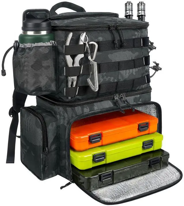 Main image of Fishing Backpack, Tackle Storage Bag with Rod Holders & Cooler | Water Resistant Fishing Bag Fits 4 3600 Trays, Large Wide Open Tackle Box Backpack, Gifts for Fishermen
