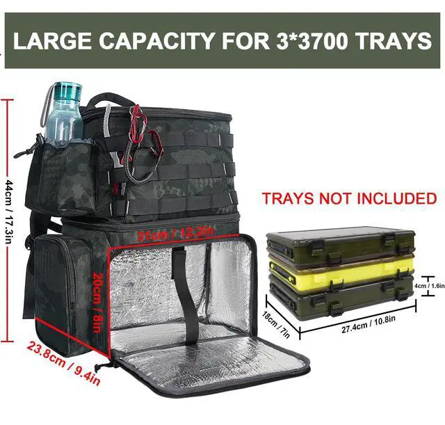 Alt view image 2 of 7 - Fishing Backpack, Tackle Storage Bag with Rod Holders & Cooler | Water Resistant Fishing Bag Fits 4 3600 Trays, Large Wide Open Tackle Box Backpack, Gifts for Fishermen