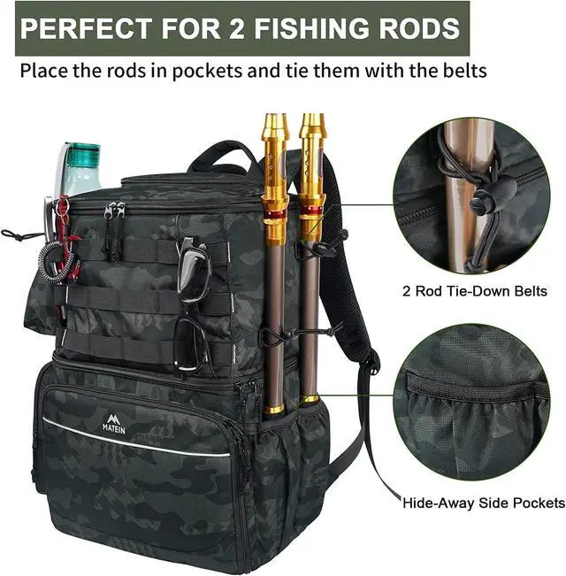 Alt view image 4 of 7 - Fishing Backpack, Tackle Storage Bag with Rod Holders & Cooler | Water Resistant Fishing Bag Fits 4 3600 Trays, Large Wide Open Tackle Box Backpack, Gifts for Fishermen