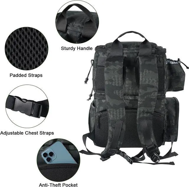 Alt view image 7 of 7 - Fishing Backpack, Tackle Storage Bag with Rod Holders & Cooler | Water Resistant Fishing Bag Fits 4 3600 Trays, Large Wide Open Tackle Box Backpack, Gifts for Fishermen