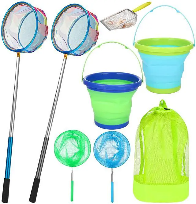 Main image of 2 Pack Telescopic Kids Fishing Net with Handle, 2 Collapsible Bucket Sand Pail, Stainless Steel Foldable Fishing Net Small Fishing Butterfly Bug Net Beach Shovel with Storage Bag