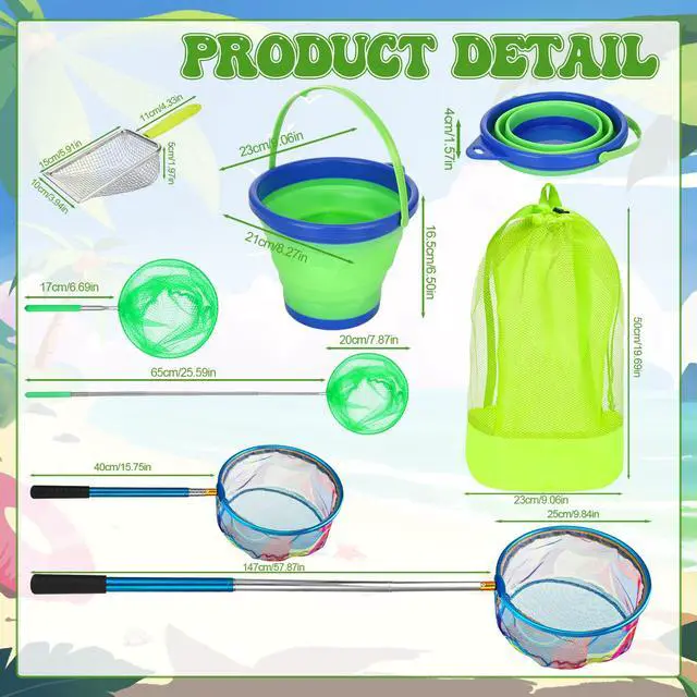 Alt view image 2 of 7 - 2 Pack Telescopic Kids Fishing Net with Handle, 2 Collapsible Bucket Sand Pail, Stainless Steel Foldable Fishing Net Small Fishing Butterfly Bug Net Beach Shovel with Storage Bag