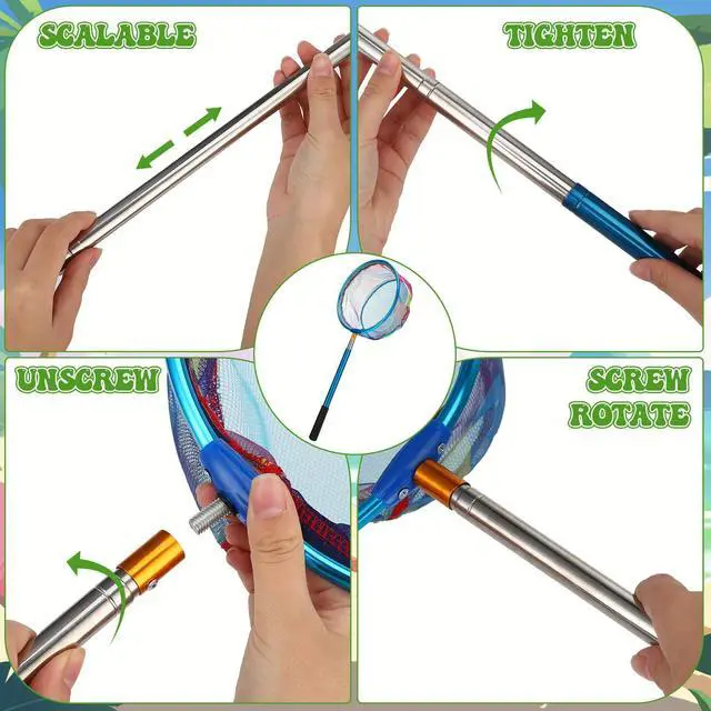 Alt view image 3 of 7 - 2 Pack Telescopic Kids Fishing Net with Handle, 2 Collapsible Bucket Sand Pail, Stainless Steel Foldable Fishing Net Small Fishing Butterfly Bug Net Beach Shovel with Storage Bag