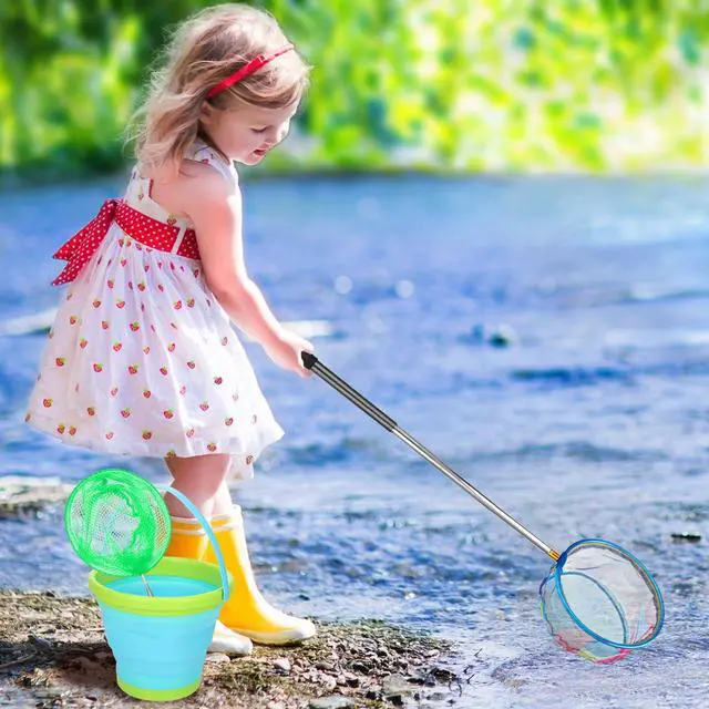 Alt view image 4 of 7 - 2 Pack Telescopic Kids Fishing Net with Handle, 2 Collapsible Bucket Sand Pail, Stainless Steel Foldable Fishing Net Small Fishing Butterfly Bug Net Beach Shovel with Storage Bag
