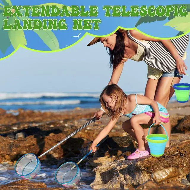 Alt view image 6 of 7 - 2 Pack Telescopic Kids Fishing Net with Handle, 2 Collapsible Bucket Sand Pail, Stainless Steel Foldable Fishing Net Small Fishing Butterfly Bug Net Beach Shovel with Storage Bag