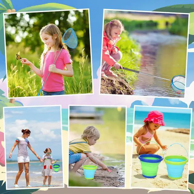 Alt view image 7 of 7 - 2 Pack Telescopic Kids Fishing Net with Handle, 2 Collapsible Bucket Sand Pail, Stainless Steel Foldable Fishing Net Small Fishing Butterfly Bug Net Beach Shovel with Storage Bag