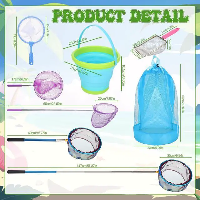 Alt view image 2 of 7 - 2 Pack Telescopic Kids Fishing Net with Handle, 2 Collapsible Bucket Sand Pail, Stainless Steel Foldable Fishing Net Small Fishing Butterfly Bug Net Beach Shovel with Storage Bag