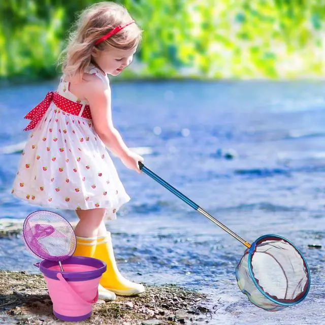 Alt view image 3 of 7 - 2 Pack Telescopic Kids Fishing Net with Handle, 2 Collapsible Bucket Sand Pail, Stainless Steel Foldable Fishing Net Small Fishing Butterfly Bug Net Beach Shovel with Storage Bag