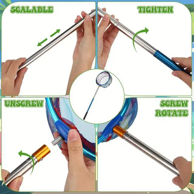 Alt view image 4 of 7 - 2 Pack Telescopic Kids Fishing Net with Handle, 2 Collapsible Bucket Sand Pail, Stainless Steel Foldable Fishing Net Small Fishing Butterfly Bug Net Beach Shovel with Storage Bag