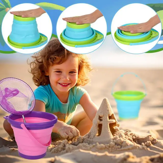 Alt view image 5 of 7 - 2 Pack Telescopic Kids Fishing Net with Handle, 2 Collapsible Bucket Sand Pail, Stainless Steel Foldable Fishing Net Small Fishing Butterfly Bug Net Beach Shovel with Storage Bag
