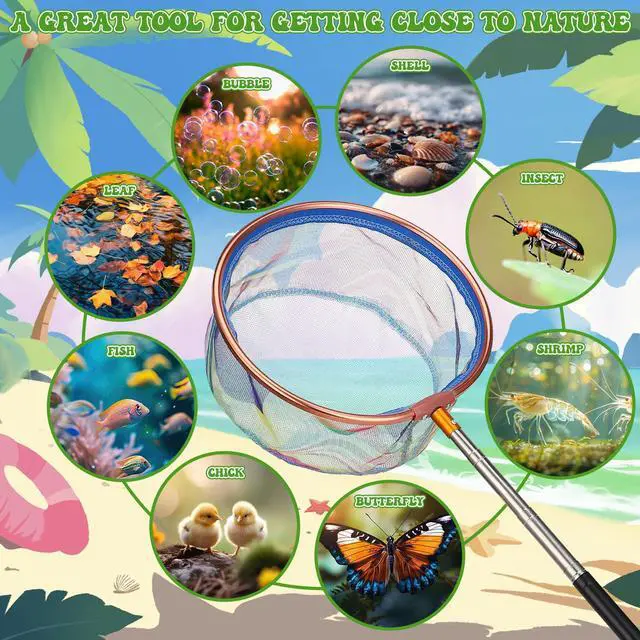 Alt view image 6 of 7 - 2 Pack Telescopic Kids Fishing Net with Handle, 2 Collapsible Bucket Sand Pail, Stainless Steel Foldable Fishing Net Small Fishing Butterfly Bug Net Beach Shovel with Storage Bag