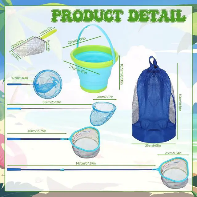 Alt view image 2 of 7 - 2 Pack Telescopic Kids Fishing Net with Handle, 2 Collapsible Bucket Sand Pail, Stainless Steel Foldable Fishing Net Small Fishing Butterfly Bug Net Beach Shovel with Storage Bag