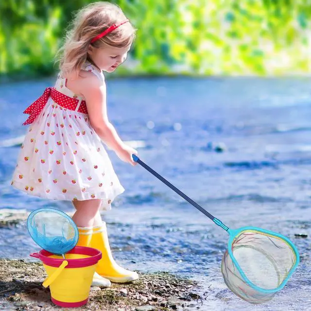 Alt view image 5 of 7 - 2 Pack Telescopic Kids Fishing Net with Handle, 2 Collapsible Bucket Sand Pail, Stainless Steel Foldable Fishing Net Small Fishing Butterfly Bug Net Beach Shovel with Storage Bag