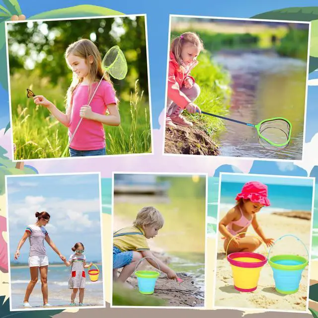 Alt view image 4 of 7 - 2 Pack Telescopic Kids Fishing Net with Handle, 2 Collapsible Bucket Sand Pail, Stainless Steel Foldable Fishing Net Small Fishing Butterfly Bug Net Beach Shovel with Storage Bag