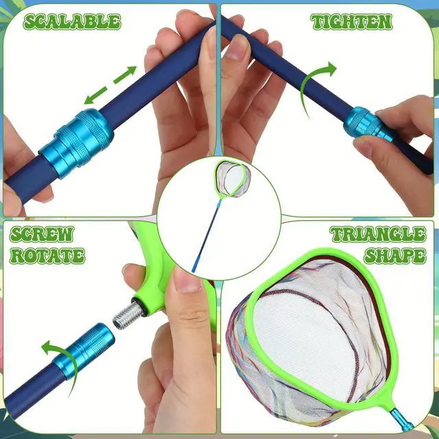 Alt view image 3 of 7 - 2 Pack Telescopic Kids Fishing Net with Handle, 2 Collapsible Bucket Sand Pail, Stainless Steel Foldable Fishing Net Small Fishing Butterfly Bug Net Beach Shovel with Storage Bag