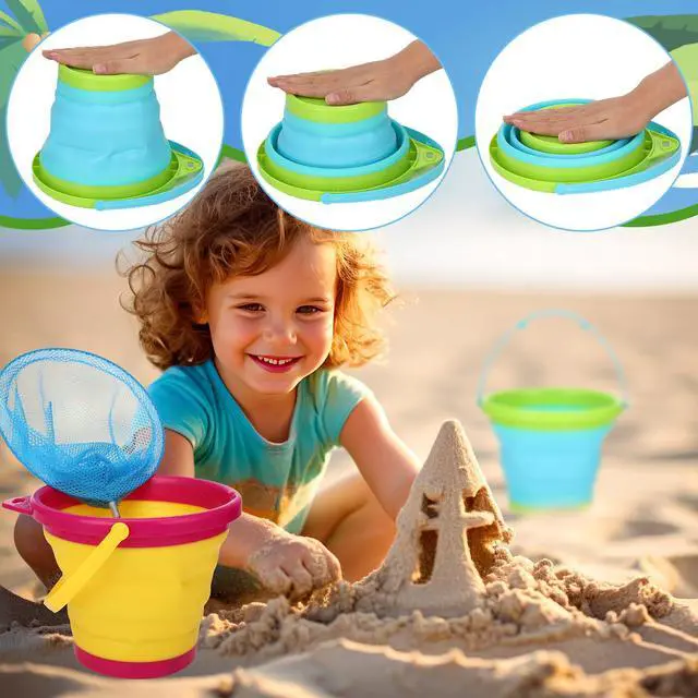 Alt view image 6 of 7 - 2 Pack Telescopic Kids Fishing Net with Handle, 2 Collapsible Bucket Sand Pail, Stainless Steel Foldable Fishing Net Small Fishing Butterfly Bug Net Beach Shovel with Storage Bag