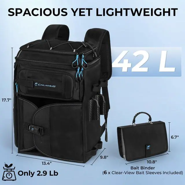 Alt view image 2 of 7 - GearMaster Tackle Backpack with Bait Binder, Large Lightweight Water-Resistant Fishing Bag, Rod Holders, Food Storage