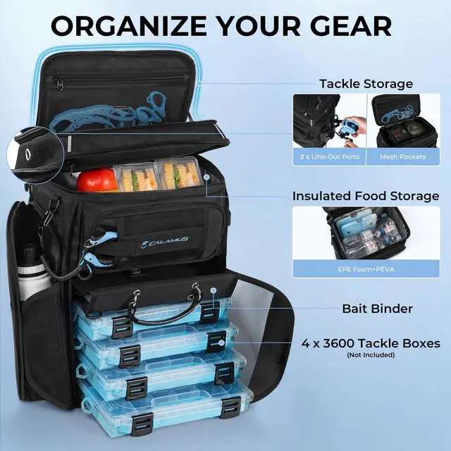 Alt view image 3 of 7 - GearMaster Tackle Backpack with Bait Binder, Large Lightweight Water-Resistant Fishing Bag, Rod Holders, Food Storage