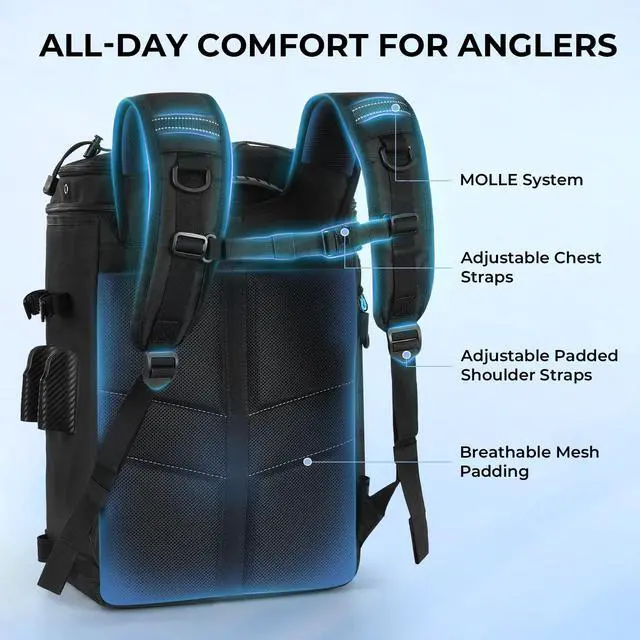 Alt view image 6 of 7 - GearMaster Tackle Backpack with Bait Binder, Large Lightweight Water-Resistant Fishing Bag, Rod Holders, Food Storage