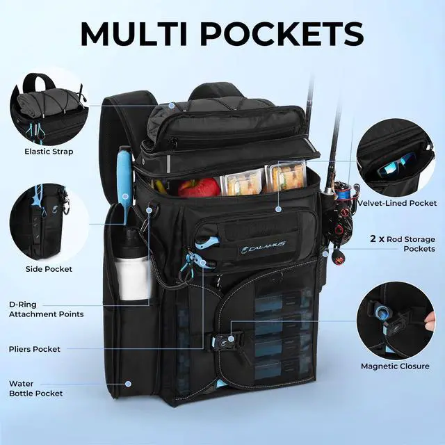 Alt view image 5 of 7 - GearMaster Tackle Backpack with Bait Binder, Large Lightweight Water-Resistant Fishing Bag, Rod Holders, Food Storage