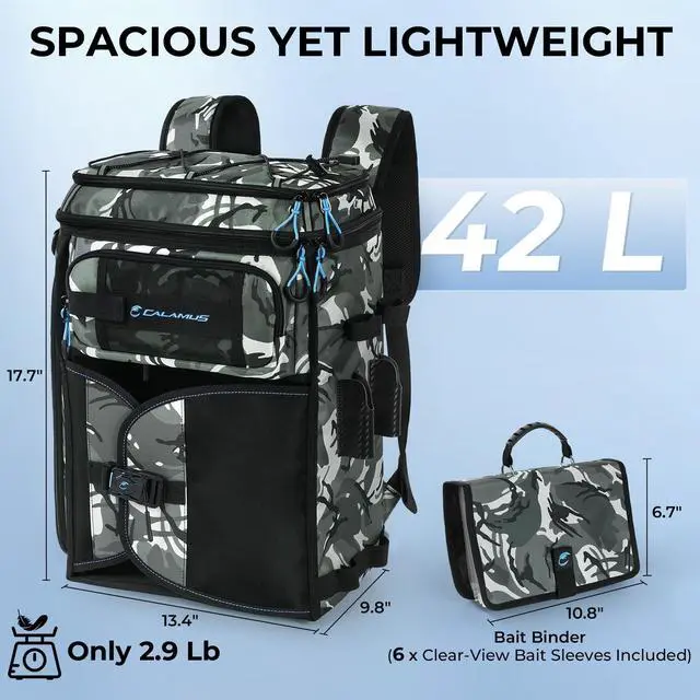 Alt view image 2 of 7 - GearMaster Tackle Backpack with Bait Binder, Large Lightweight Water-Resistant Fishing Bag, Rod Holders, Food Storage