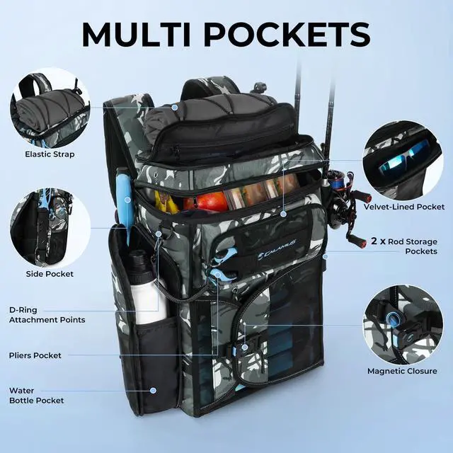 Alt view image 5 of 7 - GearMaster Tackle Backpack with Bait Binder, Large Lightweight Water-Resistant Fishing Bag, Rod Holders, Food Storage