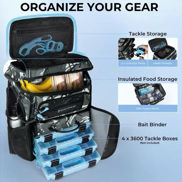 Alt view image 3 of 7 - GearMaster Tackle Backpack with Bait Binder, Large Lightweight Water-Resistant Fishing Bag, Rod Holders, Food Storage