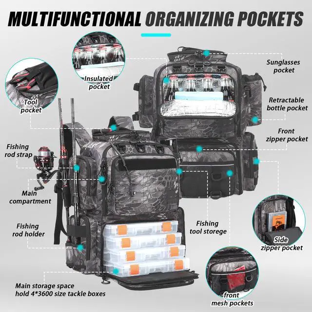 Alt view image 2 of 6 - Tactical Fishing Backpack with Tackle Boxes, Rod Holders & Bottle Holder, 50 L Large Tackle Box Backpack with Cooler, Fishing Tackle Bag Store Gear & Equipment, 900 D Oxford, Camouflage Black