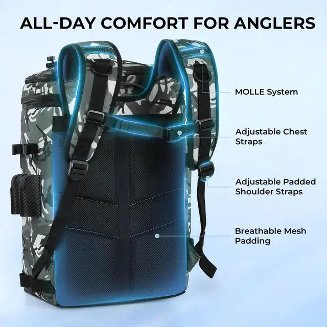Alt view image 6 of 7 - GearMaster Tackle Backpack with Bait Binder, Large Lightweight Water-Resistant Fishing Bag, Rod Holders, Food Storage