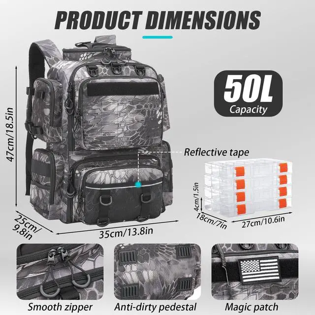 Alt view image 3 of 6 - Tactical Fishing Backpack with Tackle Boxes, Rod Holders & Bottle Holder, 50 L Large Tackle Box Backpack with Cooler, Fishing Tackle Bag Store Gear & Equipment, 900 D Oxford, Camouflage Black