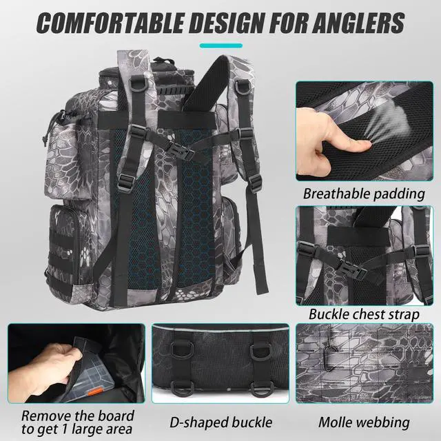 Alt view image 5 of 6 - Tactical Fishing Backpack with Tackle Boxes, Rod Holders & Bottle Holder, 50 L Large Tackle Box Backpack with Cooler, Fishing Tackle Bag Store Gear & Equipment, 900 D Oxford, Camouflage Black