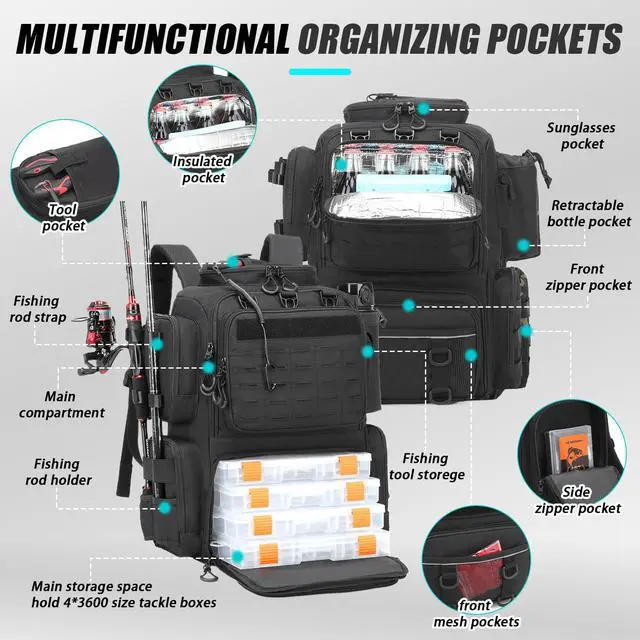 Alt view image 2 of 6 - Tactical Fishing Backpack with Tackle Boxes, Rod Holders & Bottle Holder, 50 L Large Tackle Box Backpack with Cooler, Fishing Tackle Bag with Trays Store Gear & Equipment, Black