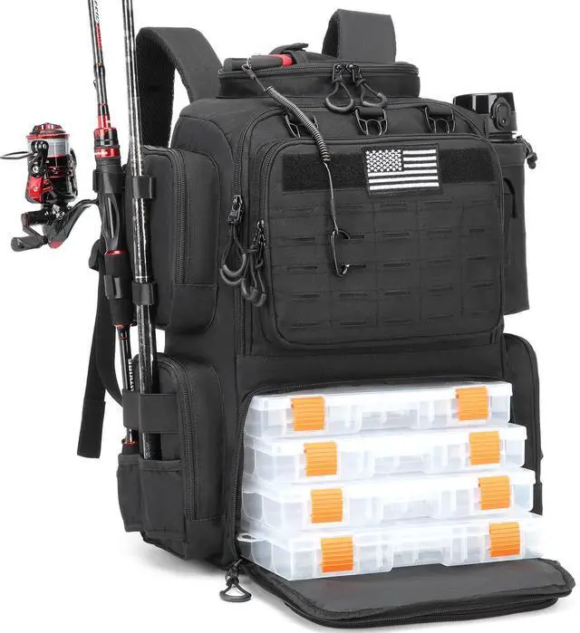 Main image of Tactical Fishing Backpack with Tackle Boxes, Rod Holders & Bottle Holder, 50 L Large Tackle Box Backpack with Cooler, Fishing Tackle Bag with Trays Store Gear & Equipment, Black