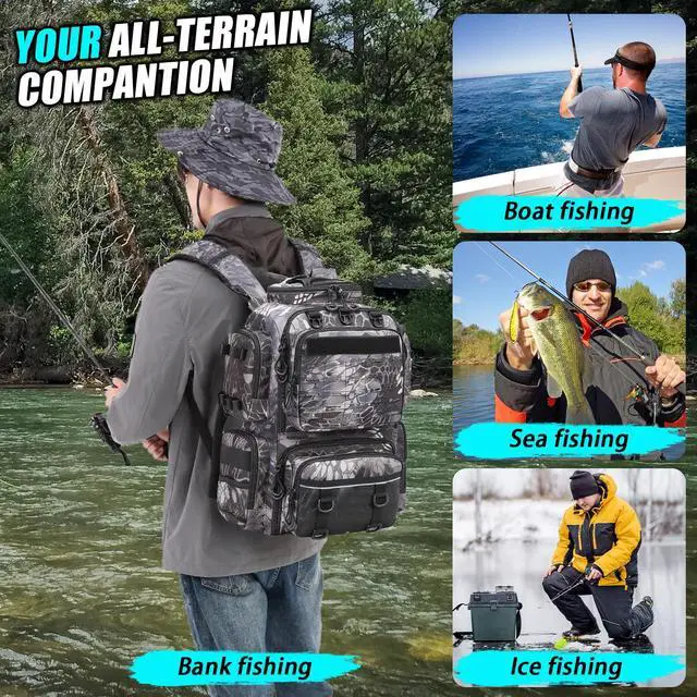 Alt view image 6 of 6 - Tactical Fishing Backpack with Tackle Boxes, Rod Holders & Bottle Holder, 50 L Large Tackle Box Backpack with Cooler, Fishing Tackle Bag Store Gear & Equipment, 900 D Oxford, Camouflage Black