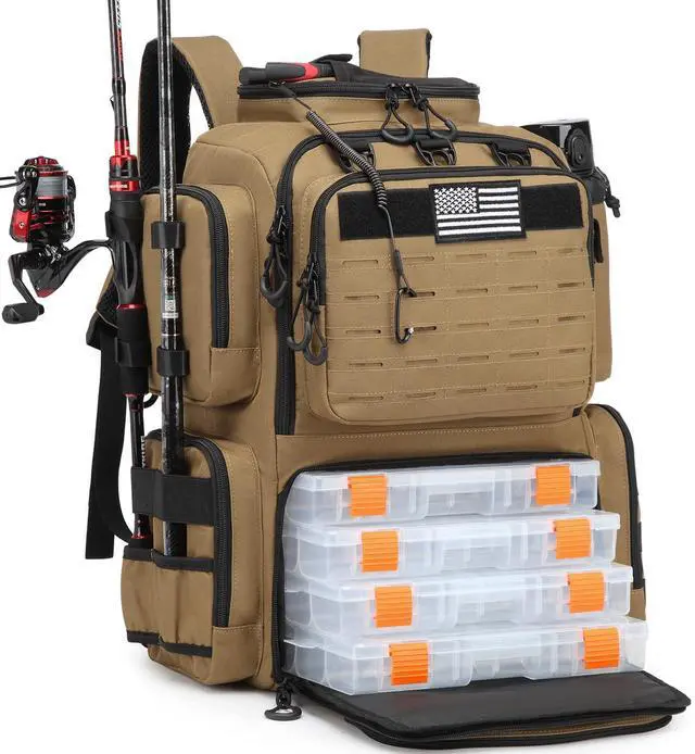 Main image of Tactical Fishing Backpack with Tackle Boxes, Rod Holders & Bottle Holder, 50 L Large Insulated Fishing Tackle Box Backpack with Cooler, Fishing Bag Store Gear & Equipment, 900 D Oxford, Brown
