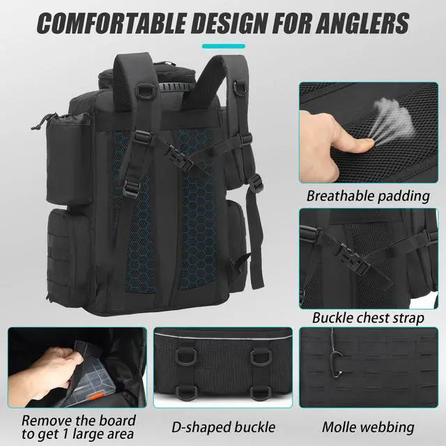 Alt view image 5 of 6 - Tactical Fishing Backpack with Tackle Boxes, Rod Holders & Bottle Holder, 50 L Large Tackle Box Backpack with Cooler, Fishing Tackle Bag with Trays Store Gear & Equipment, Black