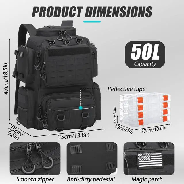 Alt view image 3 of 6 - Tactical Fishing Backpack with Tackle Boxes, Rod Holders & Bottle Holder, 50 L Large Tackle Box Backpack with Cooler, Fishing Tackle Bag with Trays Store Gear & Equipment, Black