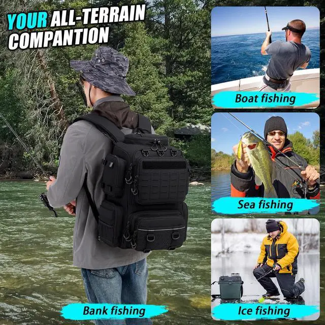 Alt view image 6 of 6 - Tactical Fishing Backpack with Tackle Boxes, Rod Holders & Bottle Holder, 50 L Large Tackle Box Backpack with Cooler, Fishing Tackle Bag with Trays Store Gear & Equipment, Black