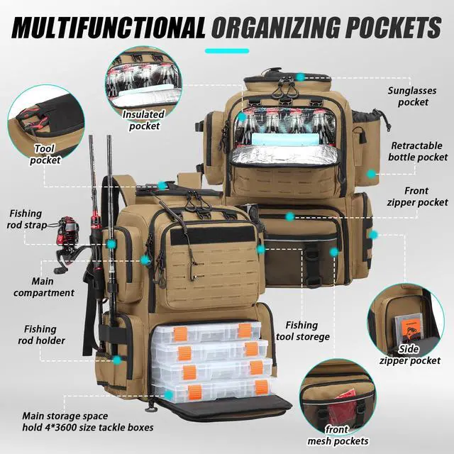 Alt view image 2 of 6 - Tactical Fishing Backpack with Tackle Boxes, Rod Holders & Bottle Holder, 50 L Large Insulated Fishing Tackle Box Backpack with Cooler, Fishing Bag Store Gear & Equipment, 900 D Oxford, Brown