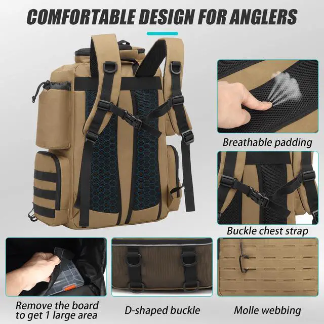 Alt view image 5 of 6 - Tactical Fishing Backpack with Tackle Boxes, Rod Holders & Bottle Holder, 50 L Large Insulated Fishing Tackle Box Backpack with Cooler, Fishing Bag Store Gear & Equipment, 900 D Oxford, Brown