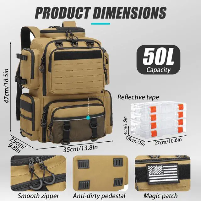 Alt view image 3 of 6 - Tactical Fishing Backpack with Tackle Boxes, Rod Holders & Bottle Holder, 50 L Large Insulated Fishing Tackle Box Backpack with Cooler, Fishing Bag Store Gear & Equipment, 900 D Oxford, Brown