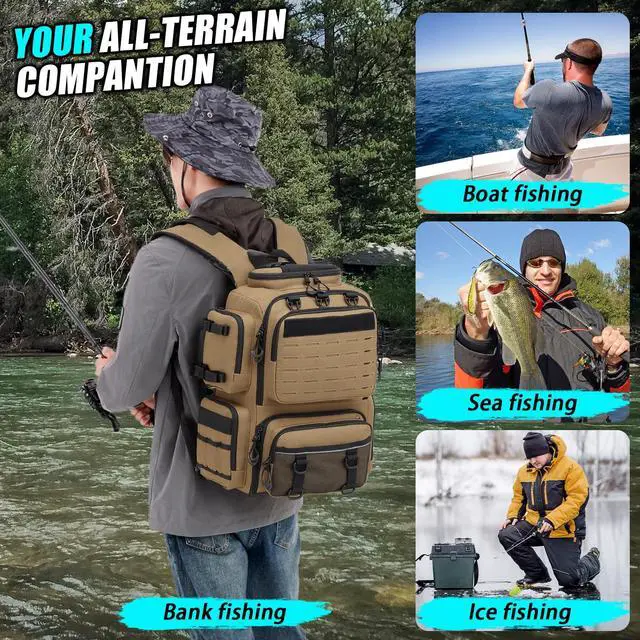 Alt view image 6 of 6 - Tactical Fishing Backpack with Tackle Boxes, Rod Holders & Bottle Holder, 50 L Large Insulated Fishing Tackle Box Backpack with Cooler, Fishing Bag Store Gear & Equipment, 900 D Oxford, Brown