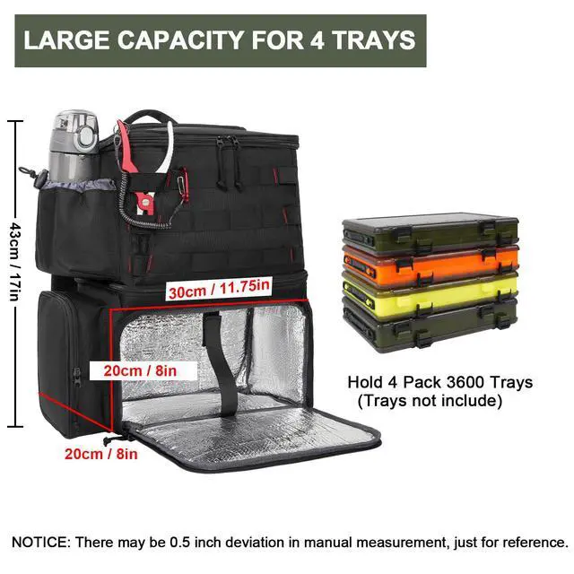 Alt view image 2 of 7 - Fishing Backpack, Tackle Storage Bag with Rod Holders & Cooler | Water Resistant Fishing Bag Fits 4 3600 Trays, Large Wide Open Tackle Box Backpack, Gifts for Fishermen
