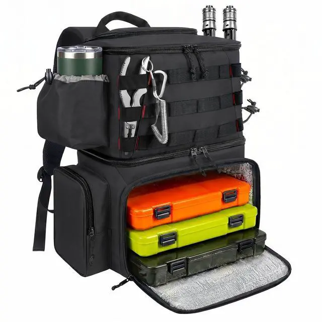 Main image of Fishing Backpack, Tackle Storage Bag with Rod Holders & Cooler | Water Resistant Fishing Bag Fits 4 3600 Trays, Large Wide Open Tackle Box Backpack, Gifts for Fishermen
