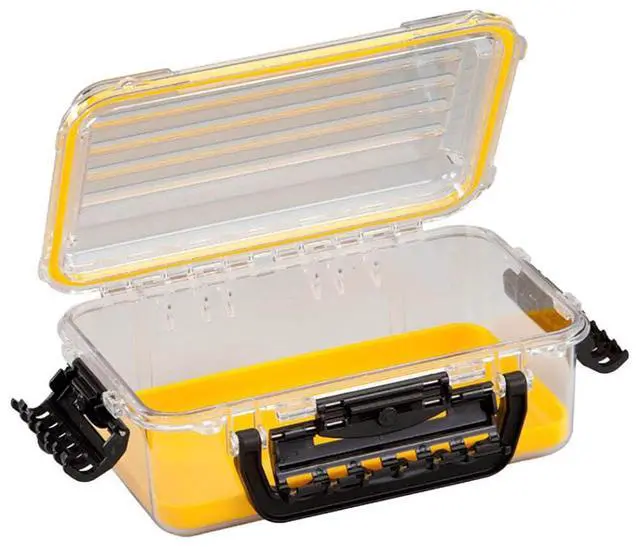 Main image of Guide Series 3600 Field Box Waterproof Case, Medium, Waterproof Dry Box with Wrist Strap for Boat, Kayak, and Camping, Outdoor Gear Storage, 11"L x 7"W x 4"H, Clear/yellow