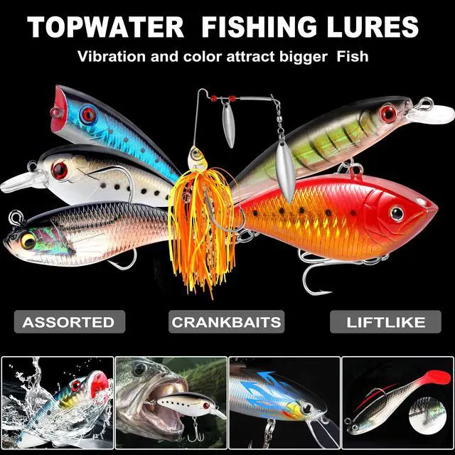 Alt view image 2 of 7 - Fishing Lures Fishing Tackle Box Fishing Gifts for Men, Bass, Trout Fishing Accessories Kit for Saltwater & Freshwater Fishing Gear Including Topwater Lures, Hooks, Spinnerbaits