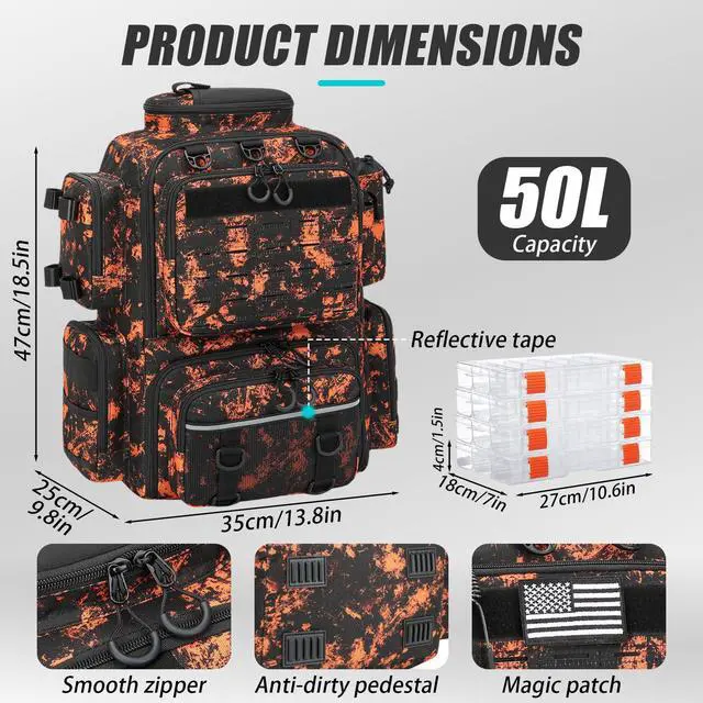 Alt view image 3 of 6 - Tactical Fishing Tackle Backpack with Tackle Boxes, Rod Holders & Bottle Holder, 50 L Large Fishing Tackle Box Backpack with Cooler, Fishing Bag with Trays Store Gear & Equipment, Mars CM