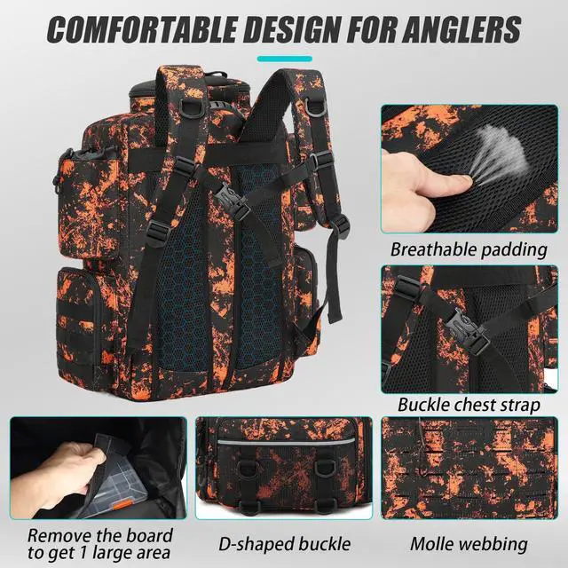 Alt view image 5 of 6 - Tactical Fishing Tackle Backpack with Tackle Boxes, Rod Holders & Bottle Holder, 50 L Large Fishing Tackle Box Backpack with Cooler, Fishing Bag with Trays Store Gear & Equipment, Mars CM