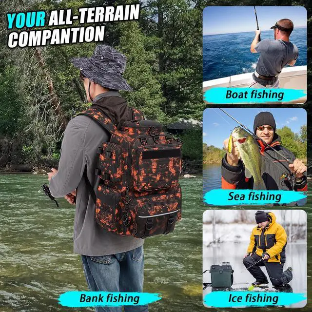 Alt view image 6 of 6 - Tactical Fishing Tackle Backpack with Tackle Boxes, Rod Holders & Bottle Holder, 50 L Large Fishing Tackle Box Backpack with Cooler, Fishing Bag with Trays Store Gear & Equipment, Mars CM